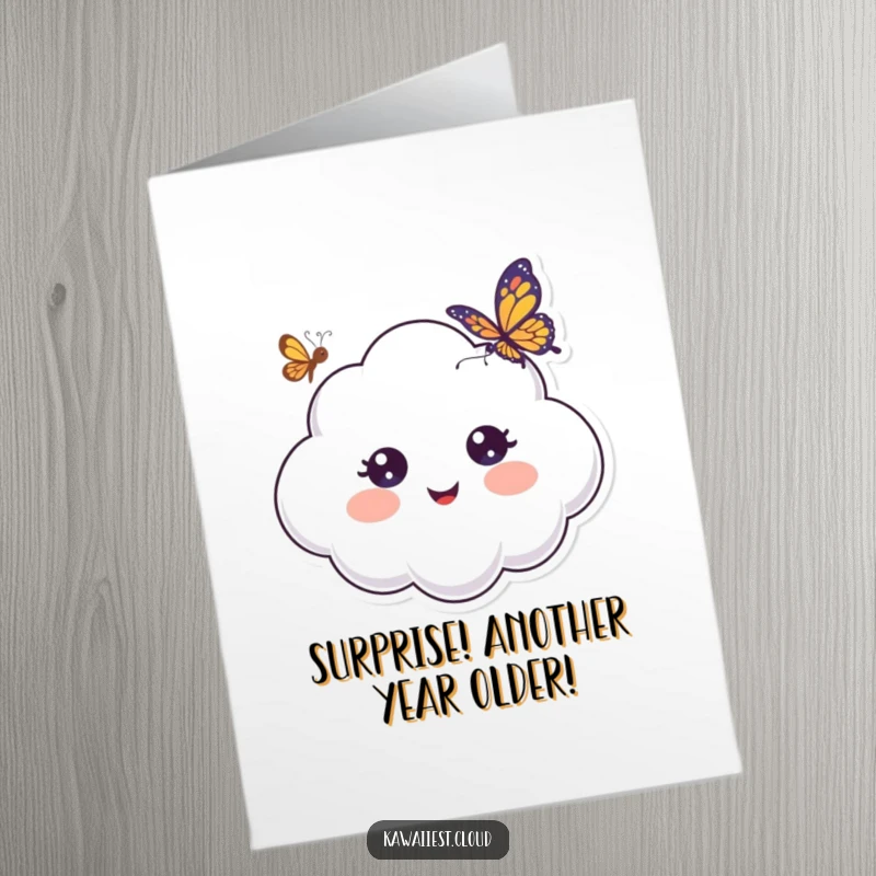 Funny Free Printable Birthday Card: A cloud with huge, surprised eyes gazing in wonder at a delicate butterfly fluttering nearby.