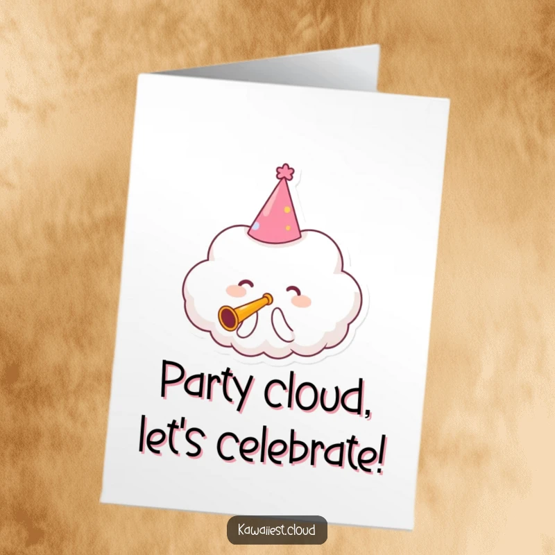 Funny free printable birthday card: a cloud in a party hat joyfully tooting a tiny trumpet, signaling party time.
