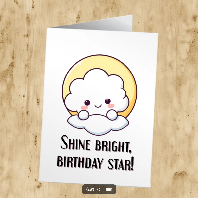 Funny free printable birthday card with a cheerful cloud character peeking from behind a smiling moon.