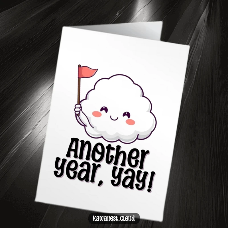 Funny free printable birthday card with a happy cloud character sighing contentedly while waving a tiny flag.