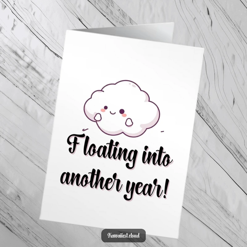 Funny Free Printable Birthday Card. A cloud character happily glides along on a gentle breeze, radiating pure joy and cheer.