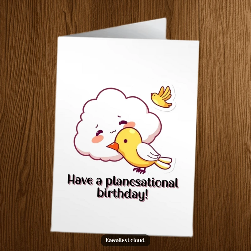 Funny Free Printable Birthday Card: A mischievous cloud character playfully tickling the belly of a small airplane.