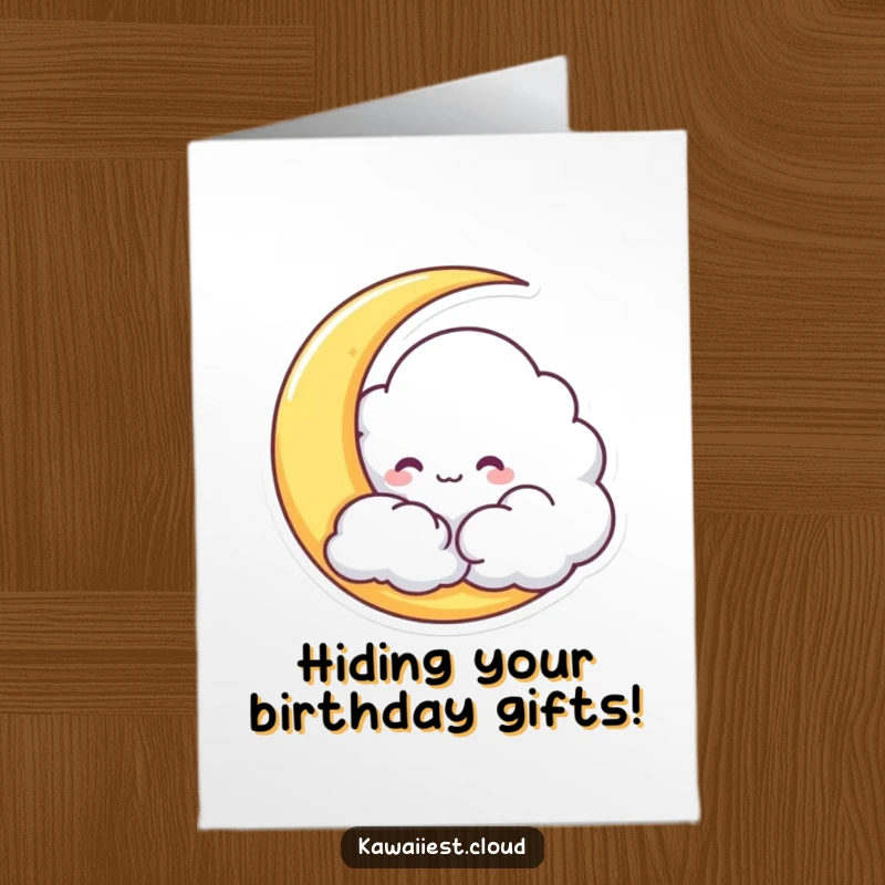 Funny Free Printable Birthday Card. A mischievous cloud character peeks playfully from behind a crescent moon, bringing a smile.