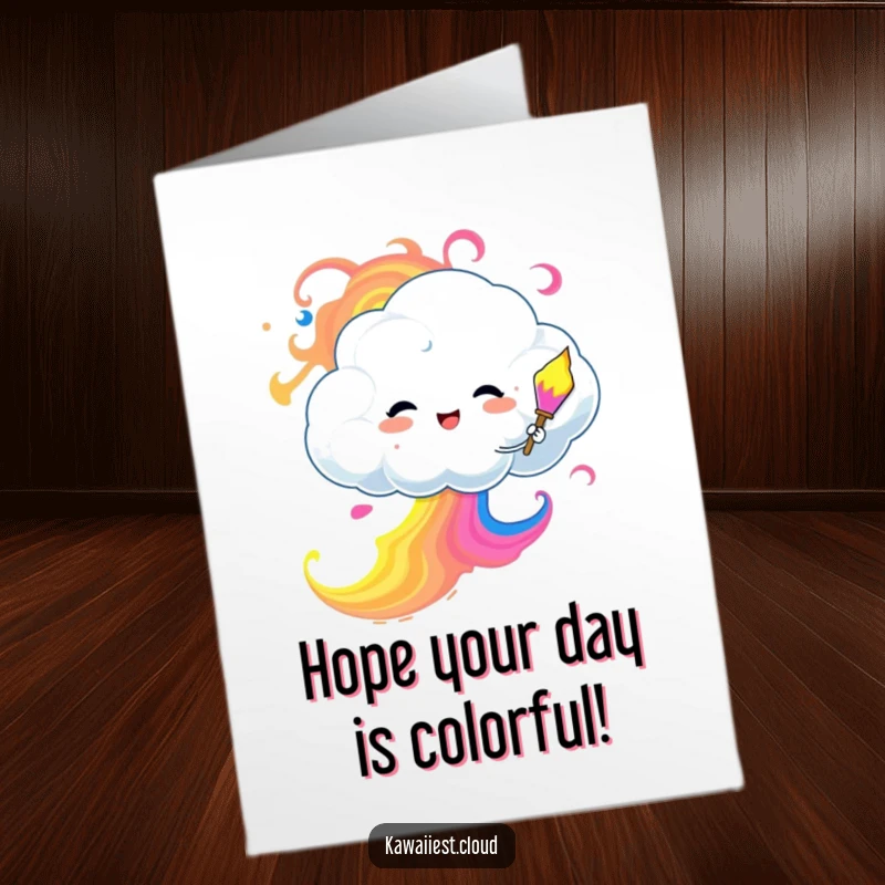 Funny free printable birthday card featuring a cloud happily painting the sky with vibrant, swirling colors, celebrating creativity.