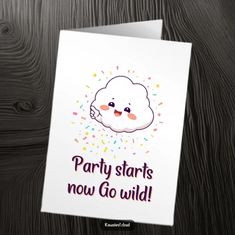 Funny Free Printable Birthday Card featuring a cute cloud character excitedly pointing at a shower of colorful confetti, ready to party.