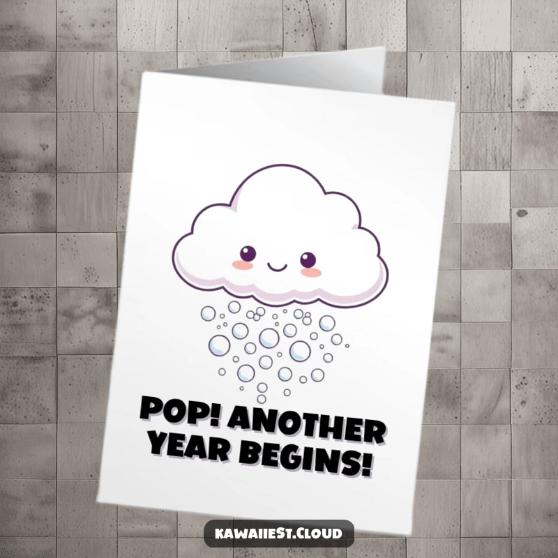 Funny Free Printable Birthday Card: A cloud cheerfully releasing a cascade of iridescent, shimmering bubbles into the air.
