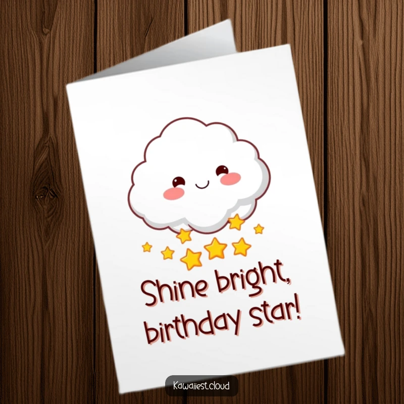 Funny Free Printable Birthday Card: A smiling cloud character with rosy cheeks joyfully throws a handful of twinkling stars.