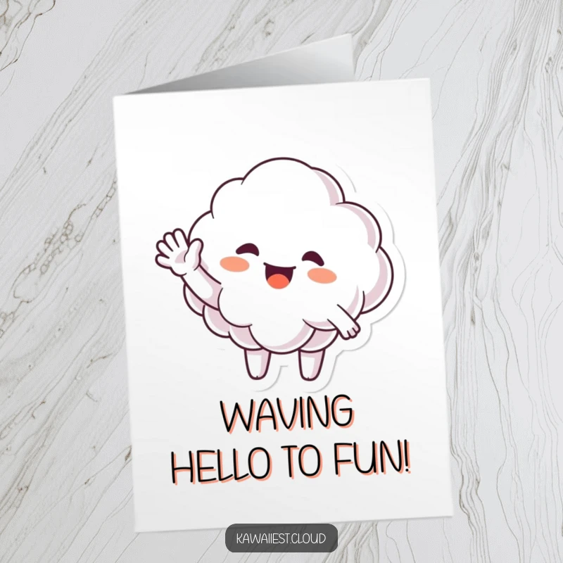 Funny Free Printable Birthday Card: A friendly cloud character giving a big, energetic, and enthusiastic wave hello.