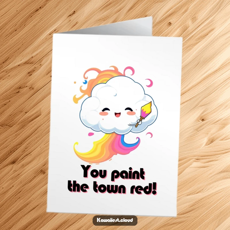 Funny free printable congratulations card: a cloud character artistically painting the sky with bright, swirling colors to mark an occasion.