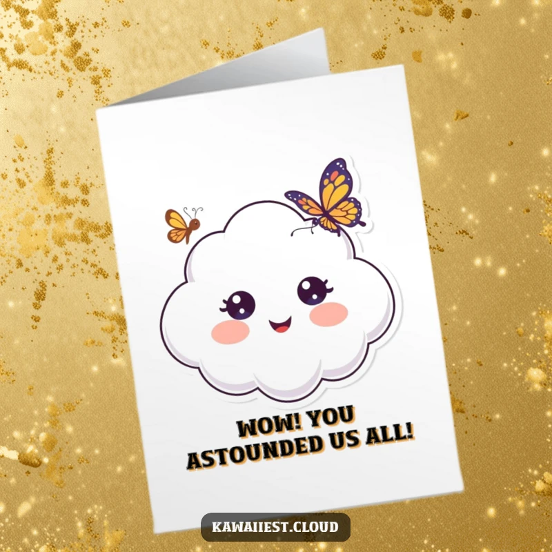 Funny Free Printable Congrats Card: A cheerful cloud’s eyes wide open in astonishment as a butterfly flutters playfully in front of it.