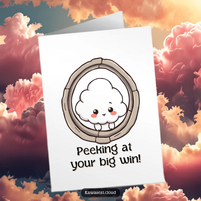 Funny Free Printable Congratulations Card: Curious cloud character peeking through a giant keyhole, a delightful downloadable gift.