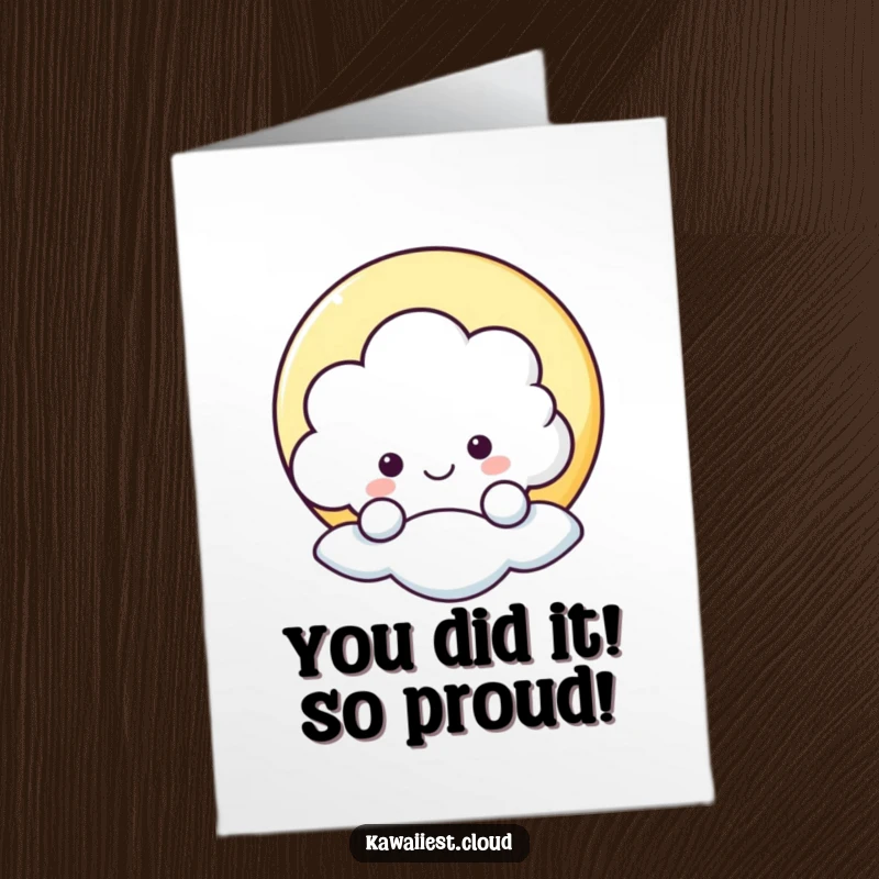 Free printable congratulations card featuring a happy cloud character hiding behind a cheerful moon.