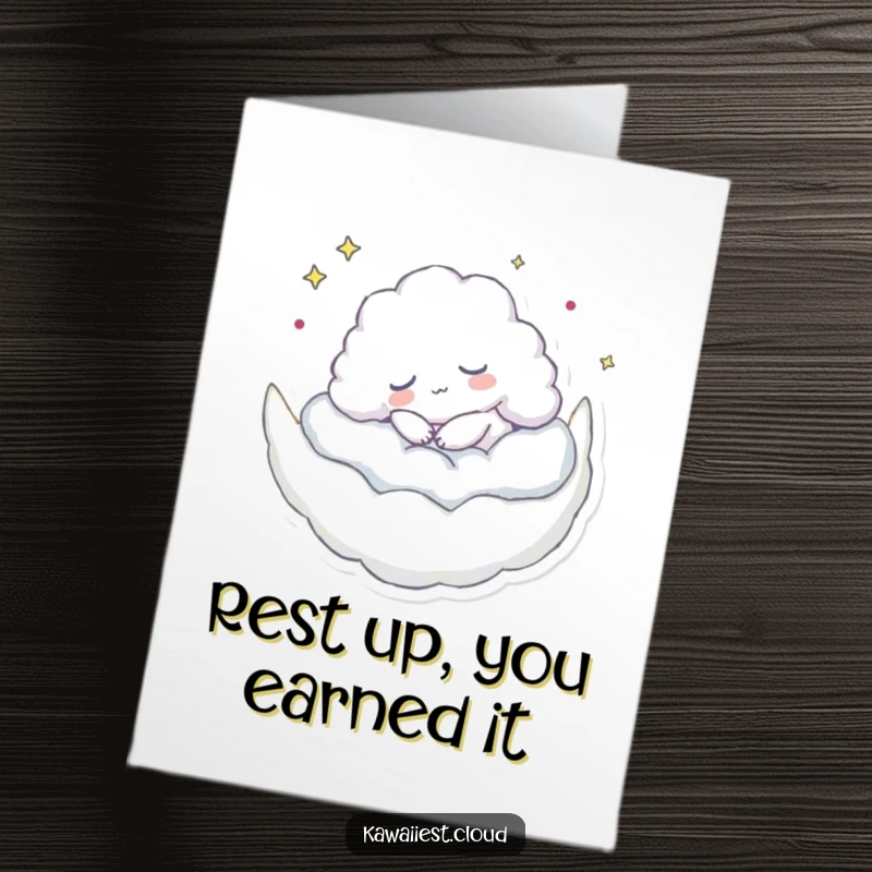 Free printable congratulations card with a content cloud character napping on a fluffy crescent moon.