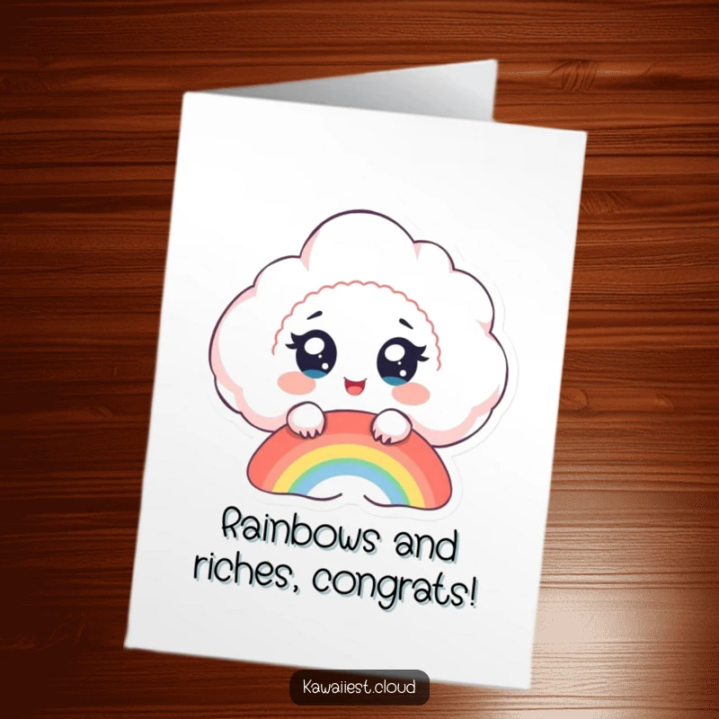 Free printable congratulations card with a delighted cloud character and big eyes gazing at a beautiful forming rainbow, symbolizing hope.