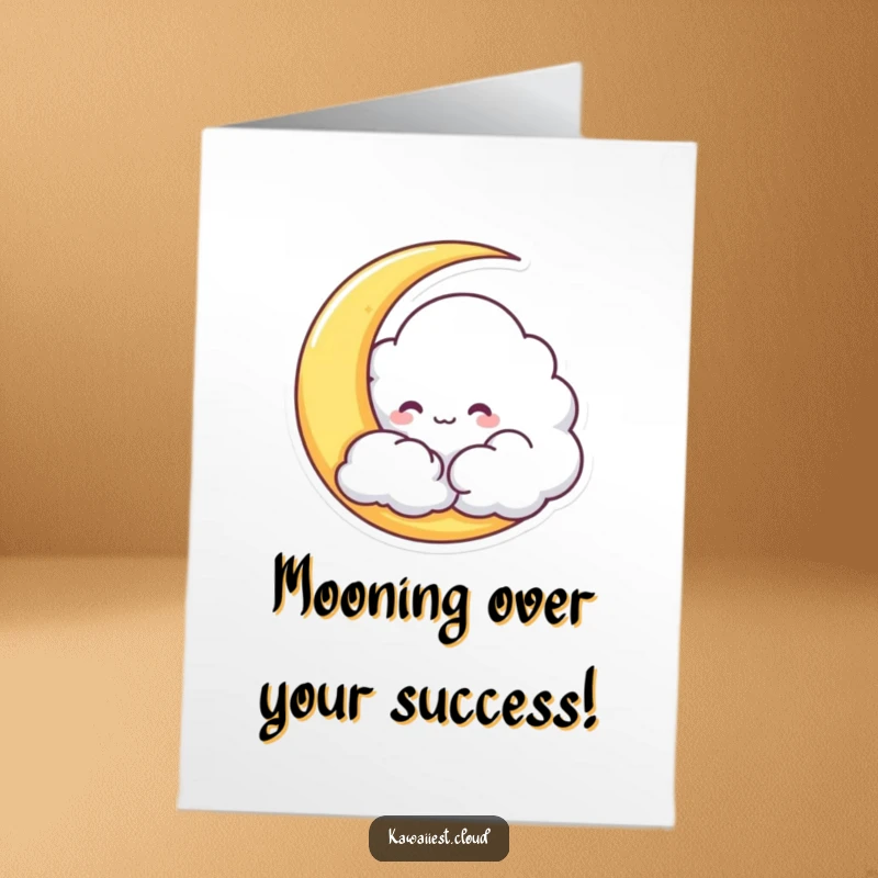 Funny Free Printable Congratulations Card. A mischievous cloud character hides playfully behind a crescent moon, sharing in the celebration.