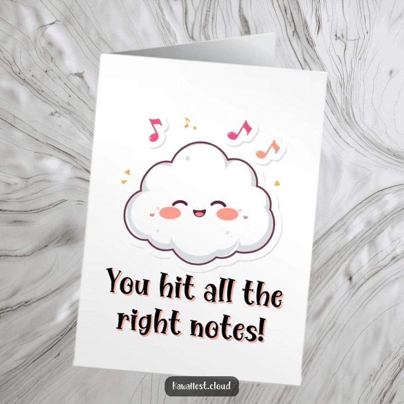 Funny Free Printable Congratulations Card: A cloud character giggling while surrounded by tiny, dancing musical notes, celebrating harmony.