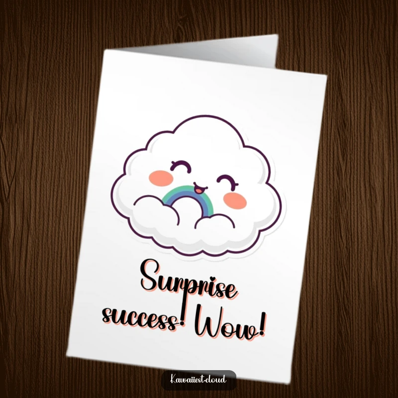 Funny Free Printable Cloud Congratulations Card: A cloud character joyfully surprised to find a tiny, smiling rainbow.