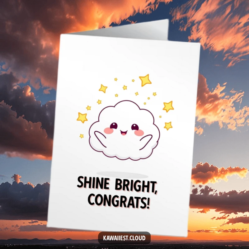 Free printable congratulations card with a smiling cloud launching tiny fireflies, symbolizing bright achievements and celebratory sparks.