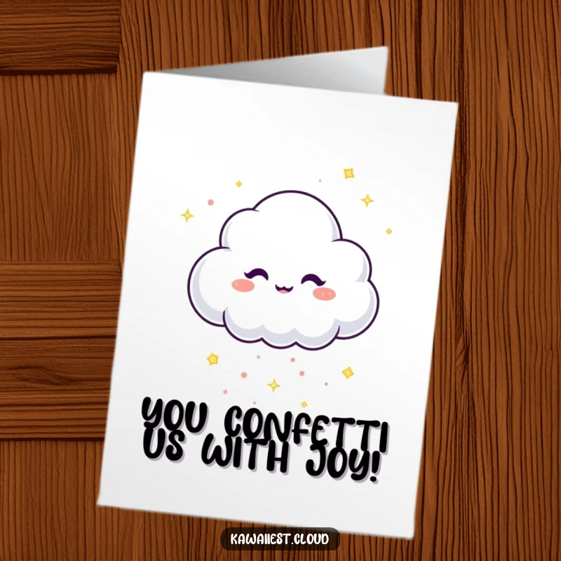 Funny free printable congratulations card: a mischievous cloud character playfully drops tiny, sparkling confetti to celebrate a special moment.