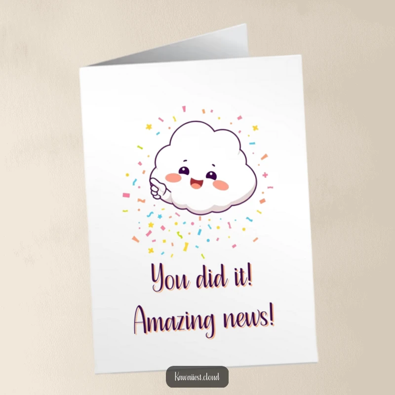 Funny Free Printable Congratulations Card: A happy cloud character gleefully points to a cascade of confetti, celebrating success.