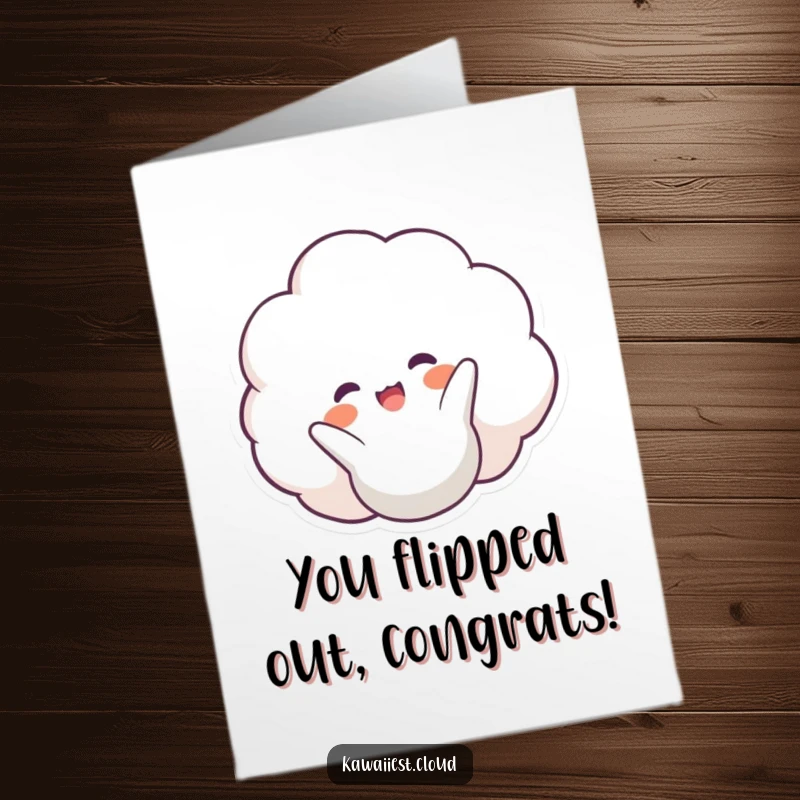 Funny Free Printable Congratulations Card: A beaming cloud character performing an energetic somersault, celebrating good news.