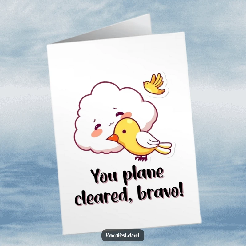 Funny Free Printable Congratulations Card: A mischievous cloud character tickling a passing airplane, causing it to wobble.