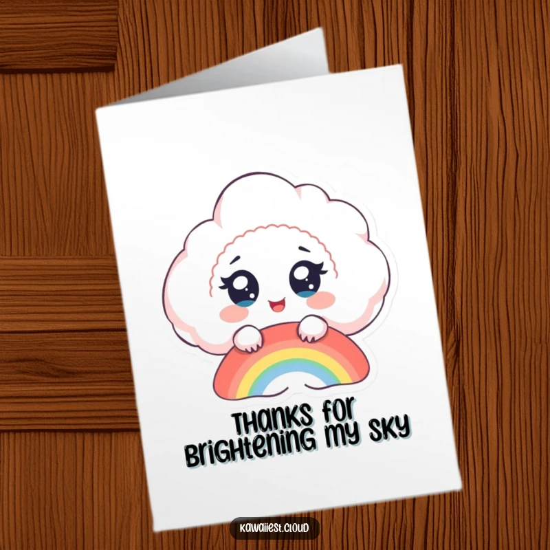 Free printable thank you card featuring a delighted cloud character with wide eyes watching a rainbow form, expressing appreciation with joy.