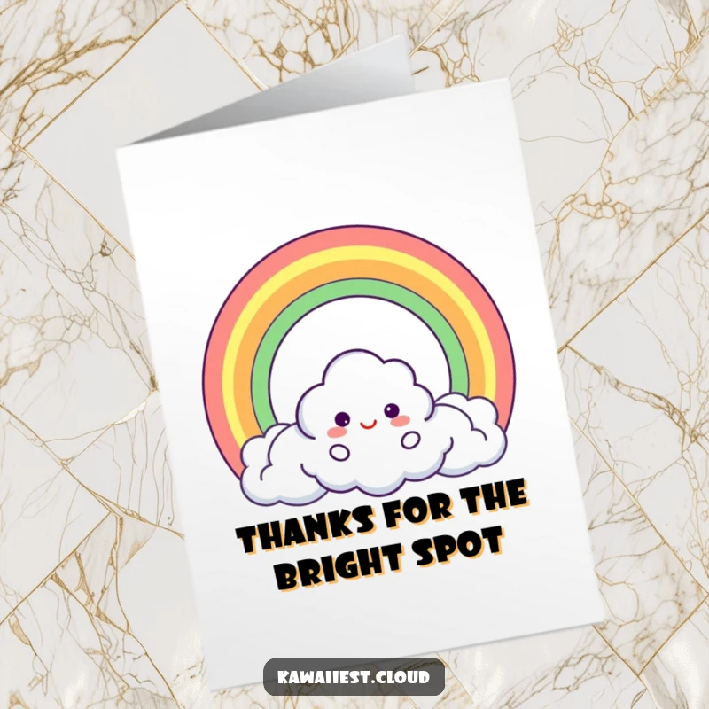 Funny Free Printable Thank You Card with a cloud character creating a perfect circle rainbow, a bright downloadable thank you.