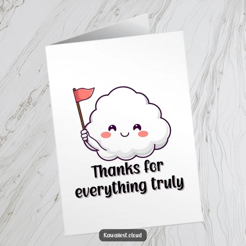 Funny free printable thank you card with a happy cloud character waving a tiny flag with a satisfied sigh.