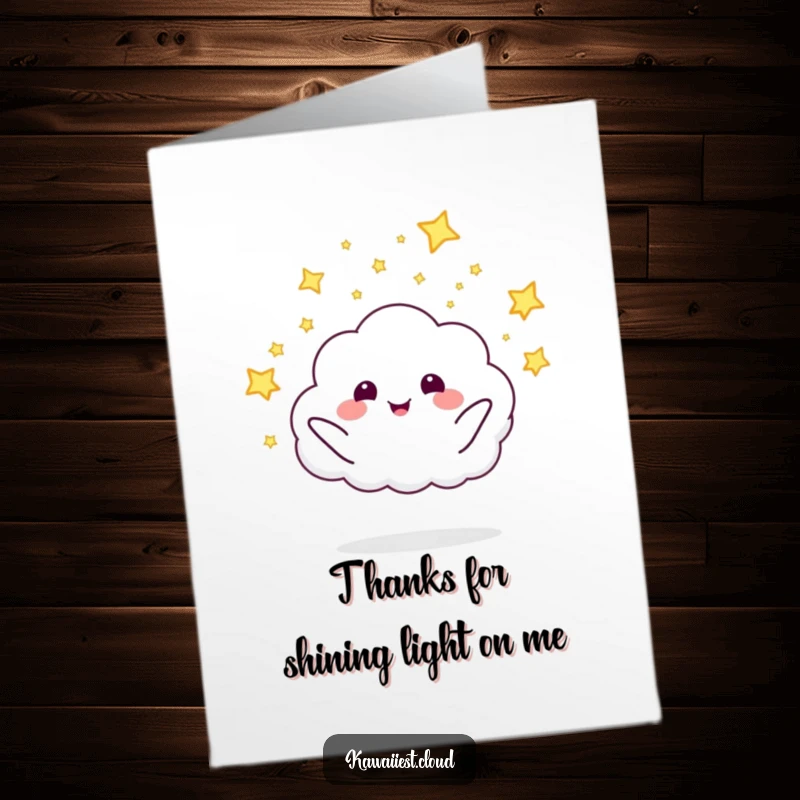 Charming free printable thank you card with a cloud character launching tiny fireflies, a glowing, downloadable expression of thanks.