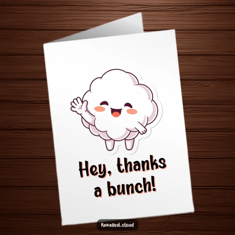 Funny Free Printable Thank You Card: A happy cloud character waving enthusiastically with a big, friendly gesture.
