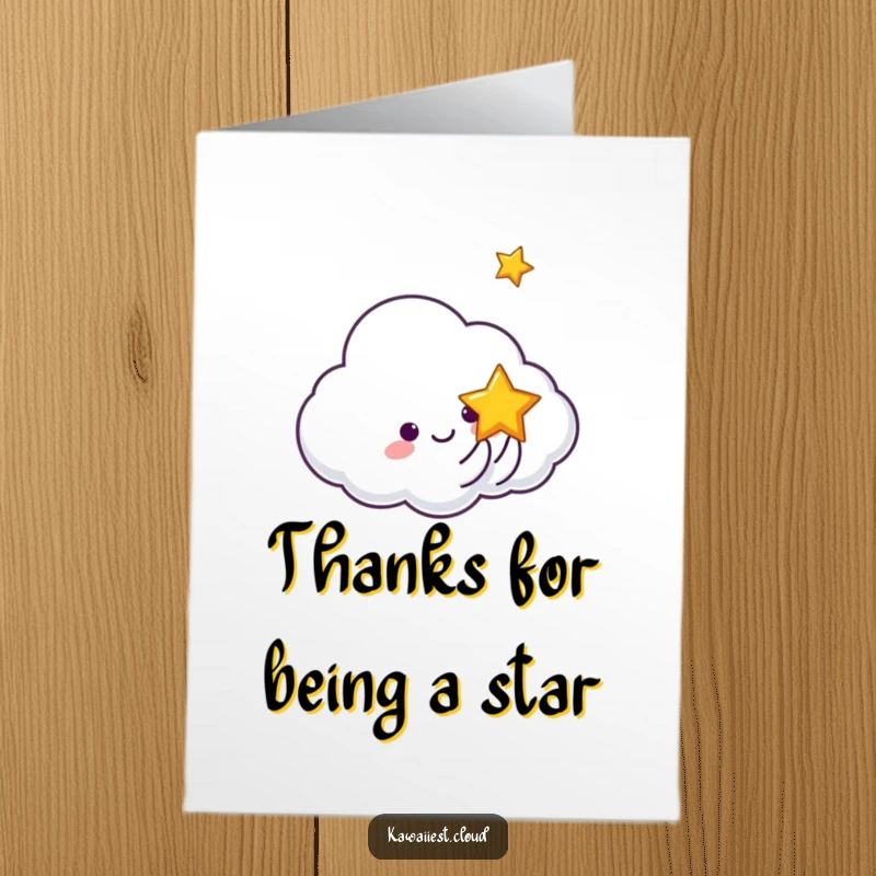 Funny Free Printable Thank You Card: A cloud character tossing a tiny, smiling star upwards with a playful gesture.