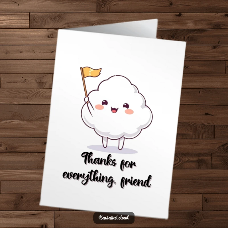 Funny Free Printable Thank You Card: Cloud character waving a tiny, glittering flag with a happy expression.