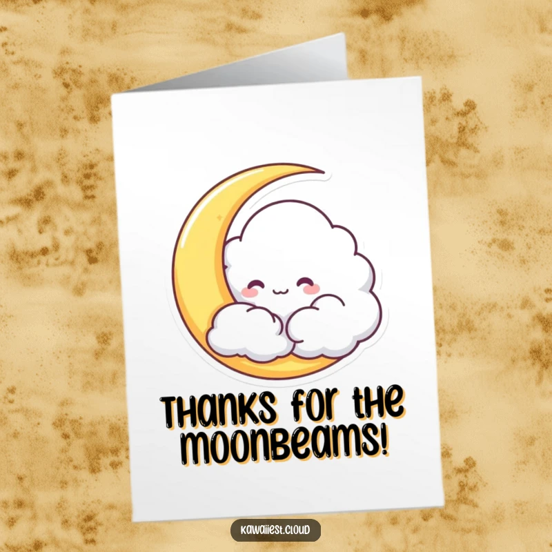Funny Free Printable Thank You Card. A mischievous cloud character playfully hides behind a crescent moon, adding a touch of fun to thanks.