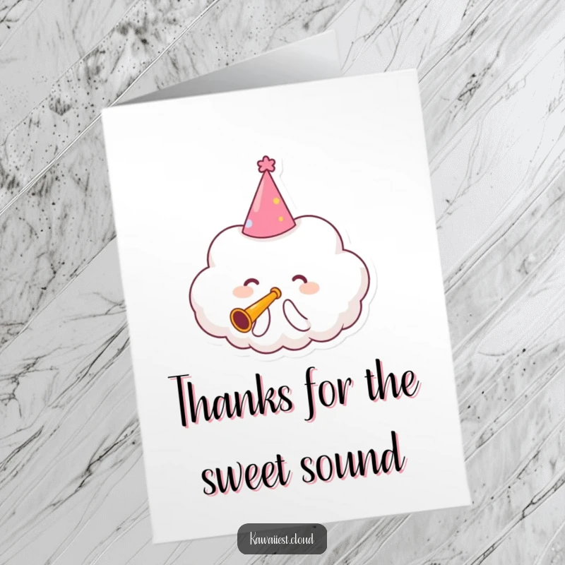 Funny free printable thank you card: a cloud wearing a party hat plays a tiny trumpet, sending cheerful thanks.