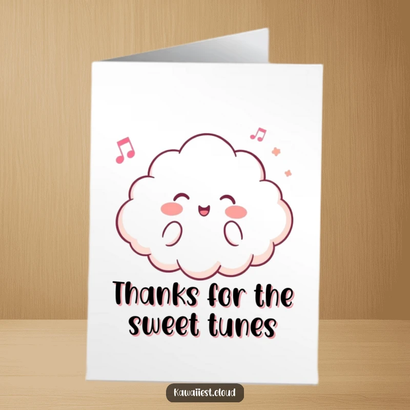 Funny Free Printable Thank You Card with a happy cloud character humming a sweet tune, conveying thanks with a musical gift.