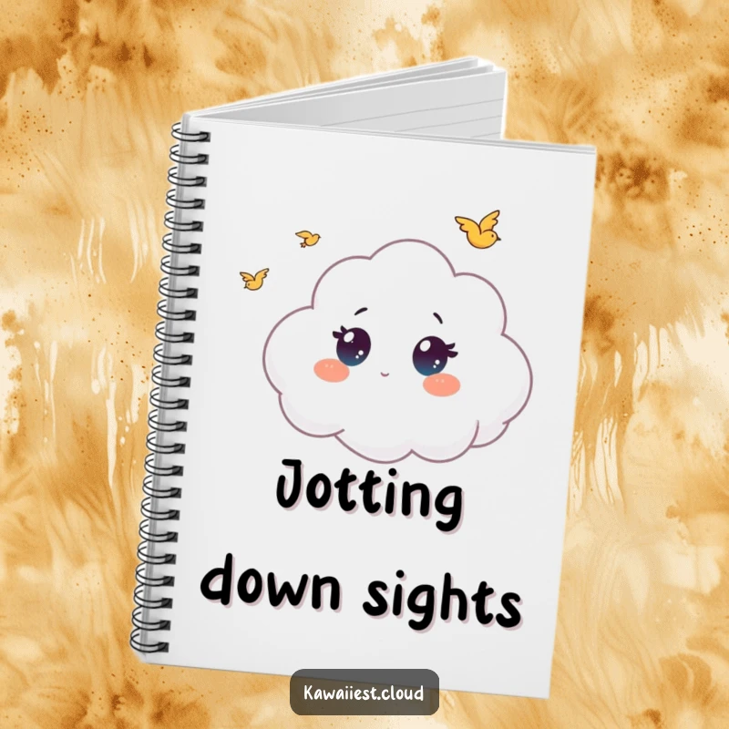 Funny notebook cover with a cloud character with wide, curious eyes watching tiny birds, perfect for journaling.