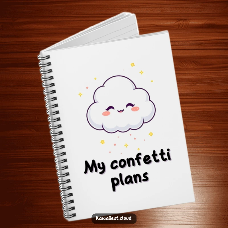 Funny Notebook cover with a mischievous cloud character dropping tiny, sparkling confetti.