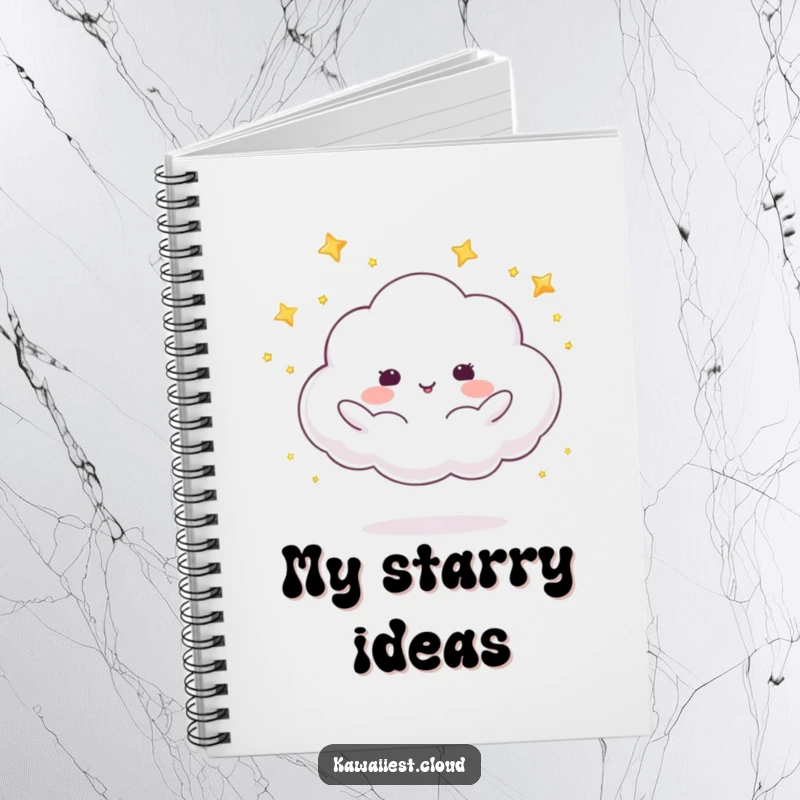 Funny notebook cover with a cloud character juggling shimmering stars, perfect for jotting down celestial ideas.