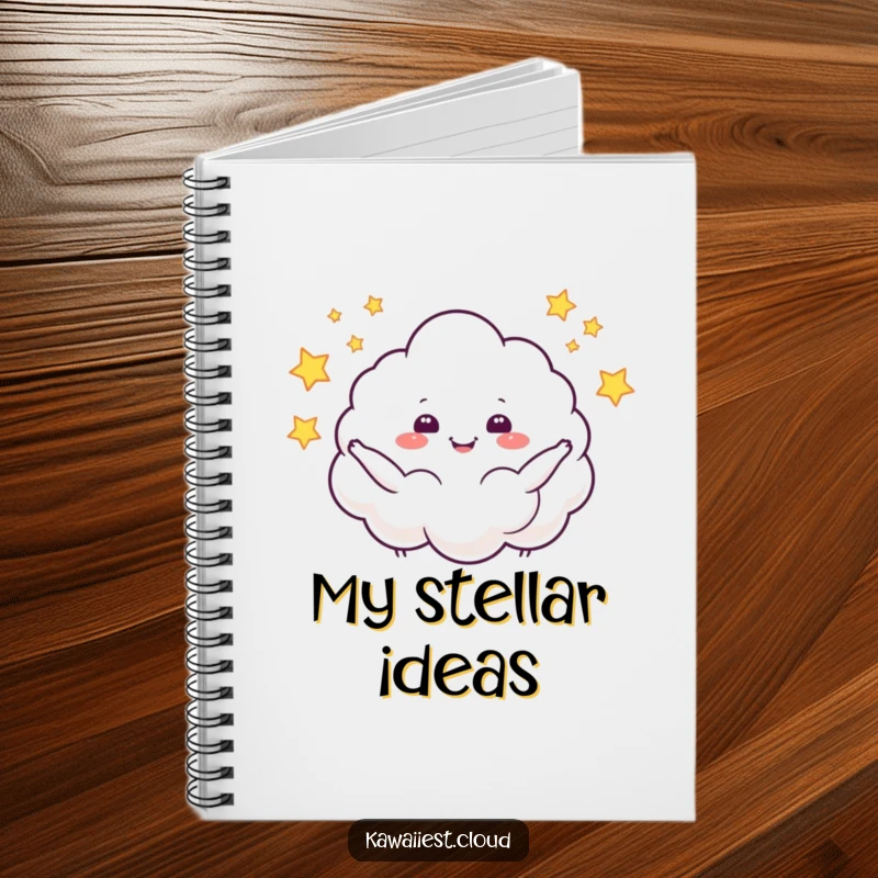 Funny notebook featuring a cloud character juggling sparkling stars, ideal for journaling and jotting down creative ideas with a magical theme.