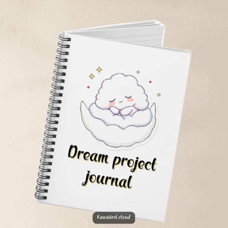 Funny notebook with a cloud character napping on a moon, ideal for writing, sketching, and capturing peaceful thoughts.