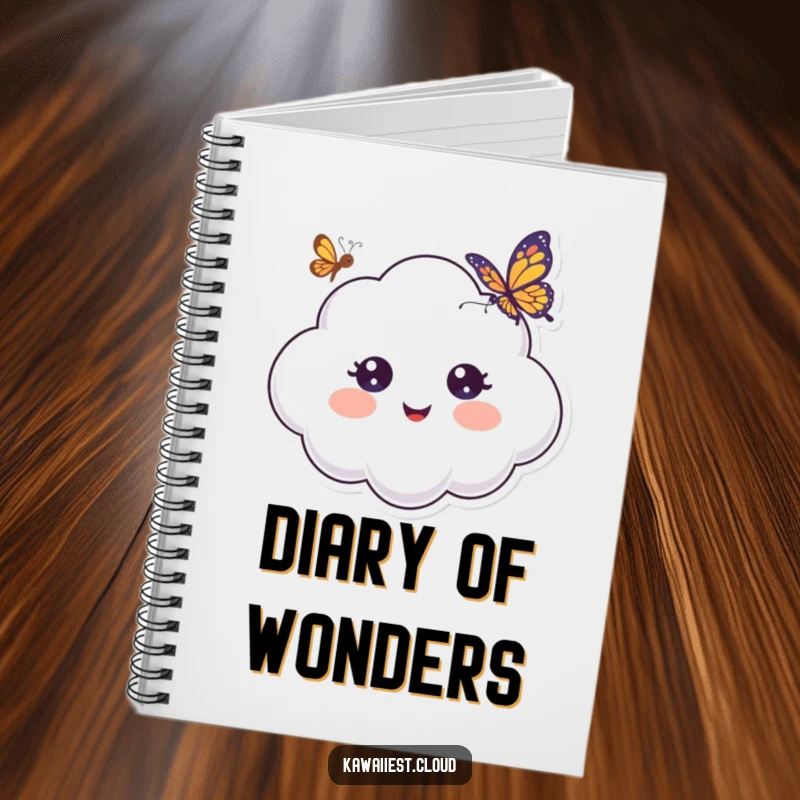 Funny Notebook cover featuring a cheerful cloud with wide, surprised eyes, observing a beautiful butterfly, inspiring creativity.