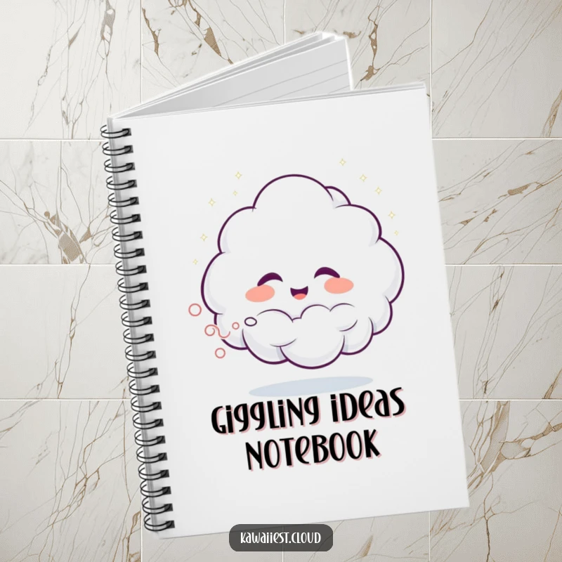 Funny notebook with a giggling cloud character spraying glittering mist, ideal for writing, sketching, and spreading cheer.