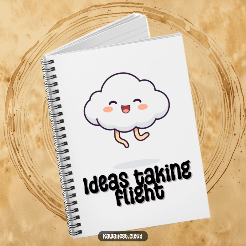 Funny Notebook cover design showing a cloud character with legs kicking playfully, ready to capture creative thoughts and ideas.