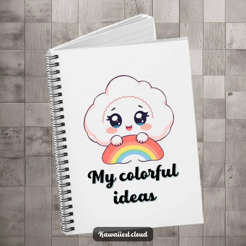 Funny cloud notebook, a delighted cloud with big eyes watches a rainbow form, inspiring joyful thoughts.