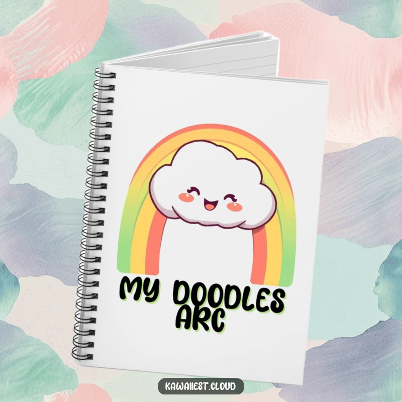Funny Notebook: Delighted cloud character creating a perfect, vibrant rainbow arch, ideal for colorful notes.