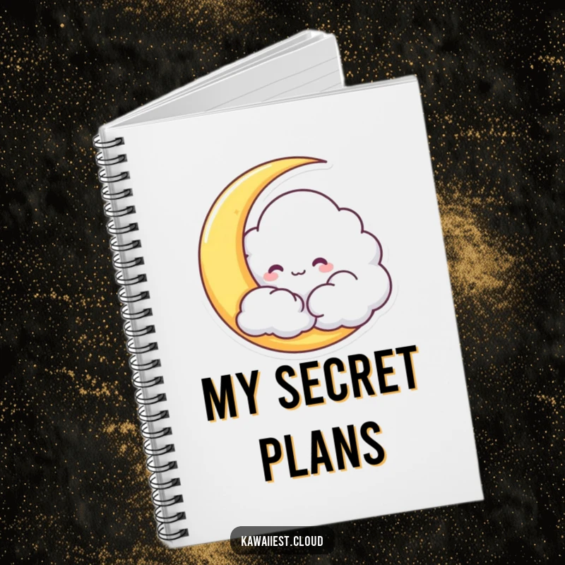 Funny Cloud Notebook featuring a mischievous character hiding behind a crescent moon, perfect for note-taking.