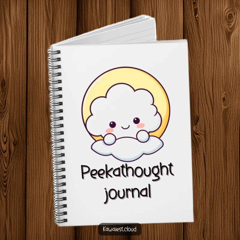 Funny notebook with a cheerful cloud peeking from behind a moon, ideal for writing, sketching, and bringing joy to tasks.