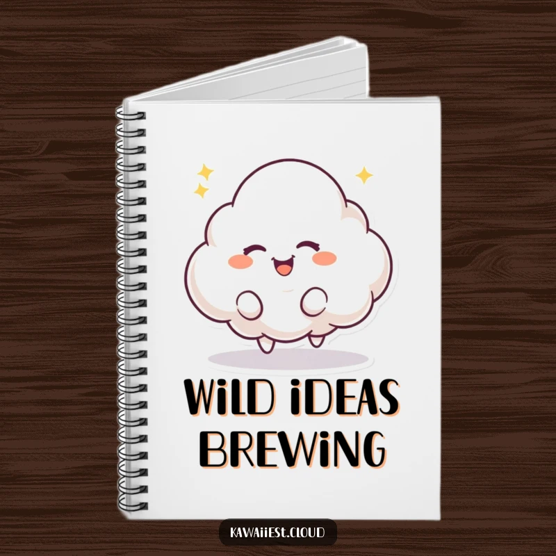Funny notebook cover featuring a playful cloud character with a mischievous twinkle, bouncing excitedly. Ideal for notes.
