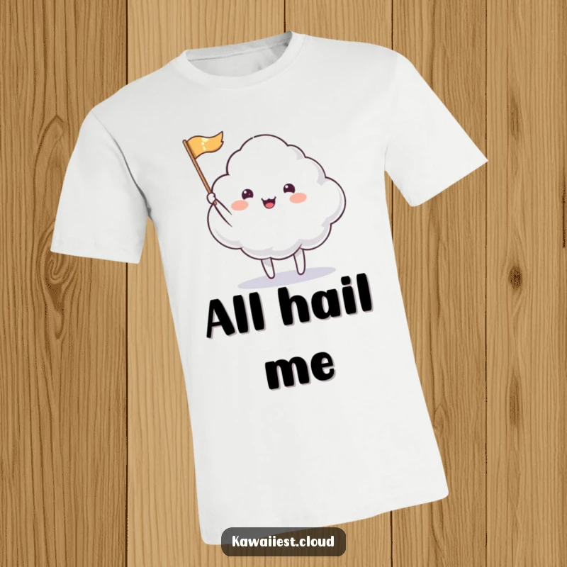 Funny T-Shirt: A cute cloud character happily waving a tiny, shimmering flag, symbolizing joy and welcome.